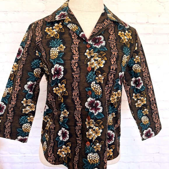 Vintage 80's Hilo Hattie Blouse - Tribal Hawaiian Print - Size Junior 5 - Picture 1 of 8